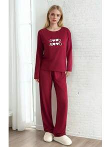 Women's Printed Pajama Set Fabric Soft Breathable Comfortable Sleepwear and Loungewear Set - 紅色 - 查看 4
