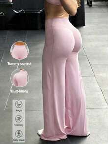 1 Pair Of Women's Loose-Fitting, Solid-Color Wide-Leg Yoga Pants, Comfortable And Versatile, Suitable For Running, Working Out, And Yoga In Spring - Watermelon Pink - View 1