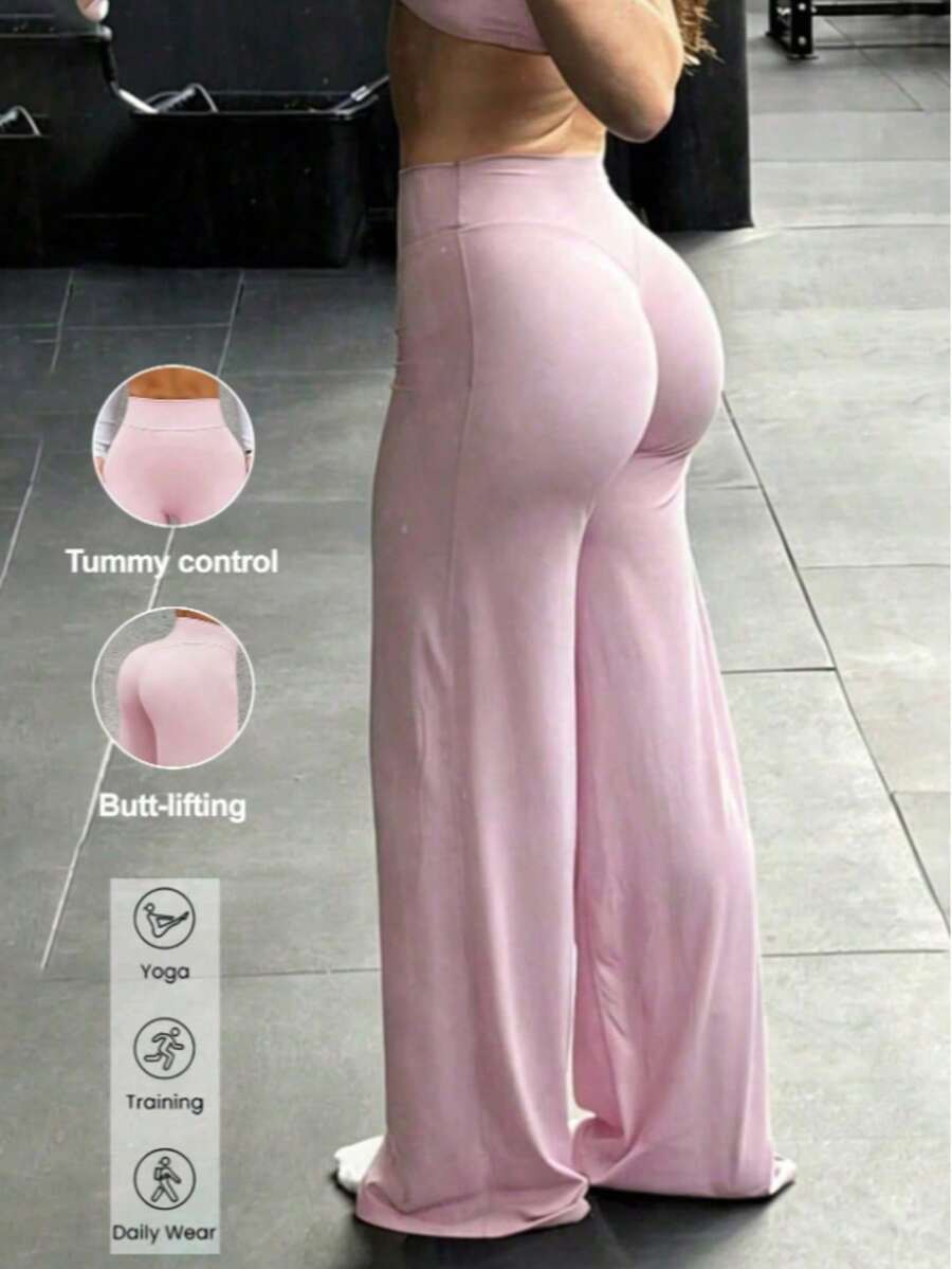 1 Pair Of Women's Loose-Fitting, Solid-Color Wide-Leg Yoga Pants, Comfortable And Versatile, Suitable For Running, Working Out, And Yoga In Spring - Watermelon Pink - View 1