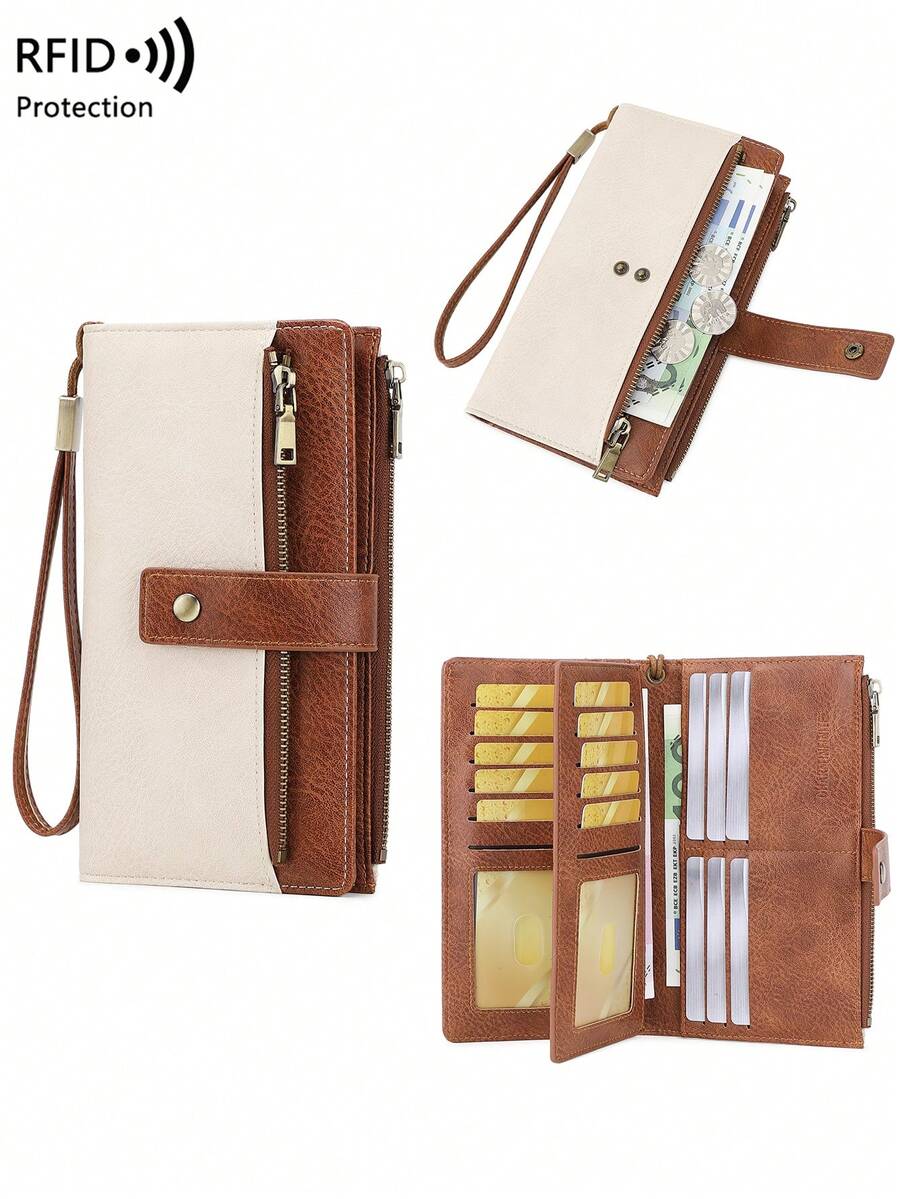 CHARM INFINITE New RFID Anti-Theft Vintage Women's Wallet, Colorblock Buckle Double Zipper Multifunctional Clutch, Multi-Card Slot Trifold Long Wallet With Wrist Strap