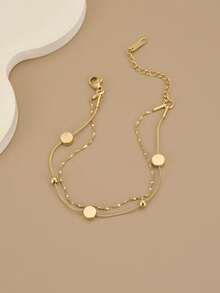 1pc Minimalist Fashion Round Geometric Double Layer Stainless Steel Women's Bracelet, Stainless Steel Jewelry, Gold Jewelry, Summer, Beach, Vacation Jewelry, Charm, Pride, Western Jewelry, Gift For Women, Gift, Birthday Gift - Yellow Gold - View 2