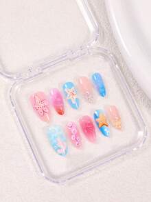 10件夏季海灘貝殼圖案3D海星花朵蝴蝶愛心美甲飾品，含1個美甲锉 + 1件果凍膠美甲 - 彩色 - 查看 4