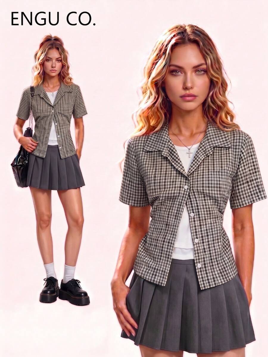 ENGU CO. Chemise à carreaux à manches courtes style Y2K décontractée rétro douce & cool pour femmes, nouvelle collection d'été