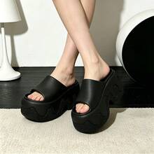 Women's All-Season EVA Wavy Thick Sole Slide Sandals, Home Casual Wear Solid Color Melting Design Minimalist Height-Increasing Slip-On Slippers - Black - View 7