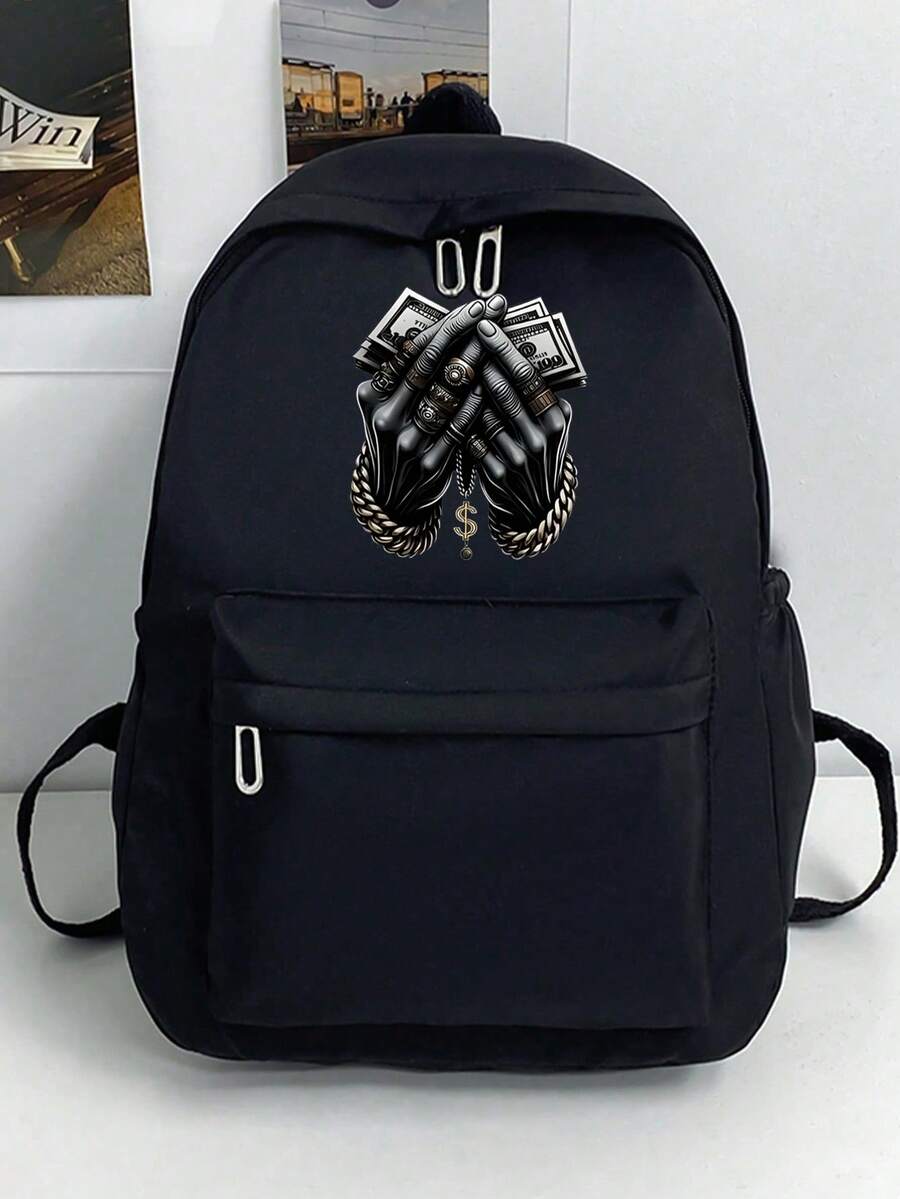 Hip Hop Money Hands Graphic Print Pink Backpack Streetwear Cash Casual School Bag - Multicolor - View 1