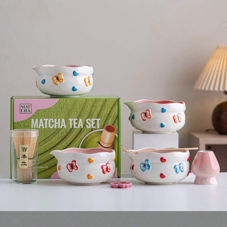 Matcha Tea Set, Complete Matcha Brewing Tool Kit, Includes Cute Floral And Heart Embossed Ceramic Bowl And Sifter, Traditional Japanese Tea Ceremony Tools, Suitable For Home Use And Gifting - Multicolor - View 1