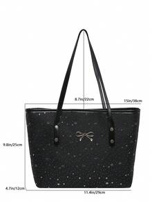 Tas Tote Kasual Kapasitas Besar Motif Berlian Berlapis Warna Polos dengan Pita, Model Fashion Minimalis Terbaru 2025 - Hitam - View 4