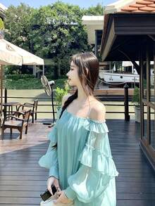 Autumn Women's Ruffle Trim Spaghetti Strap Dress, Cool & Elegant, Suitable For Summer - Cadet Blue - View 9