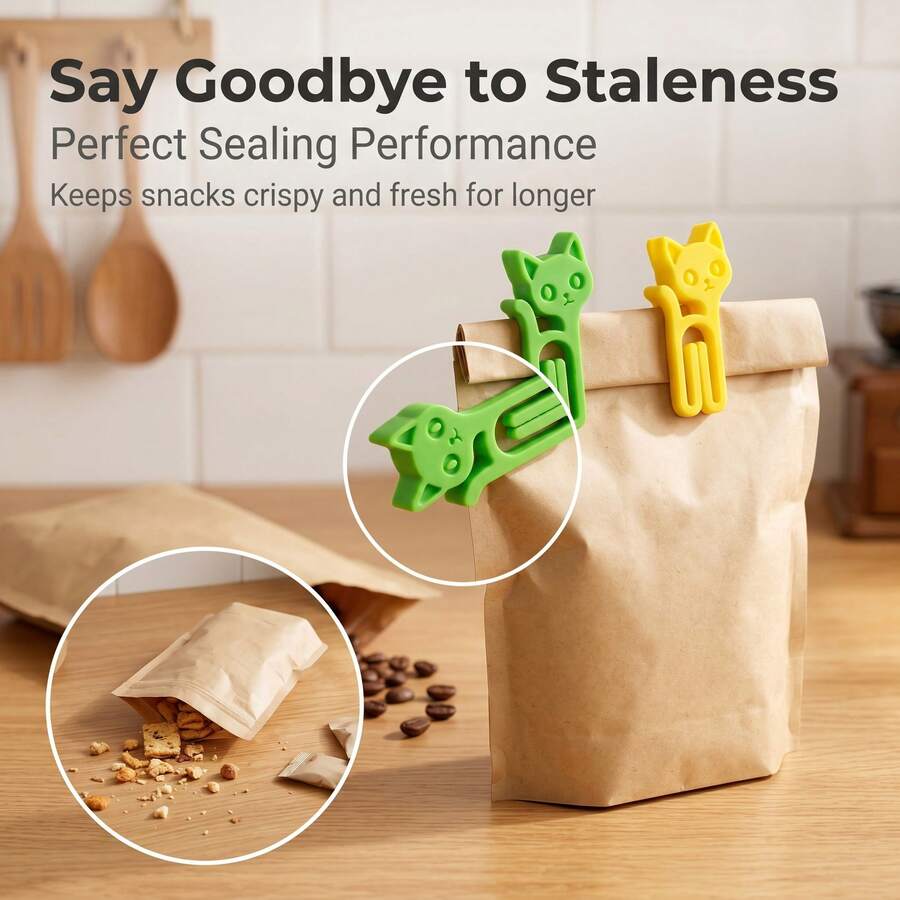 10pcs Random Color Cat Shaped Snack Storage Bags With Sealing Clips, Reusable Food Packaging Pouches, Lightweight Durable Kitchen Organizer, Home Office Pantry Essential Supplies For Dry Goods - Multicolor - View 1