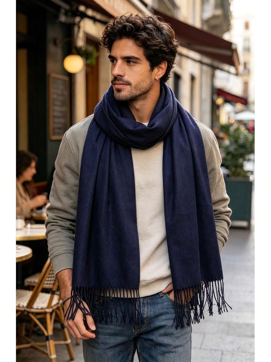 Plain Polyester Pashmina Scarf Weighing 150g-180g With Fringe, Unisex. - 藏蓝色 - 查看 1