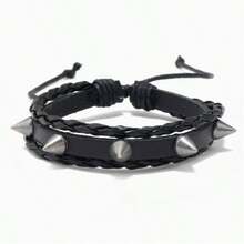 1pc Geometric Pattern Punk Cool Rivet Party PU Leather Bracelet All Seasons - Black - View 10