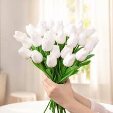 5/10/200pcs Artificial White Tulips With Green Stems, Plastic Flowers For DIY Crafts, Bridal Bouquet, Home And Tabletop Decor, Valentine's Day Gift, Non-Electric Natural-Looking Floral Decoration - White - View 2