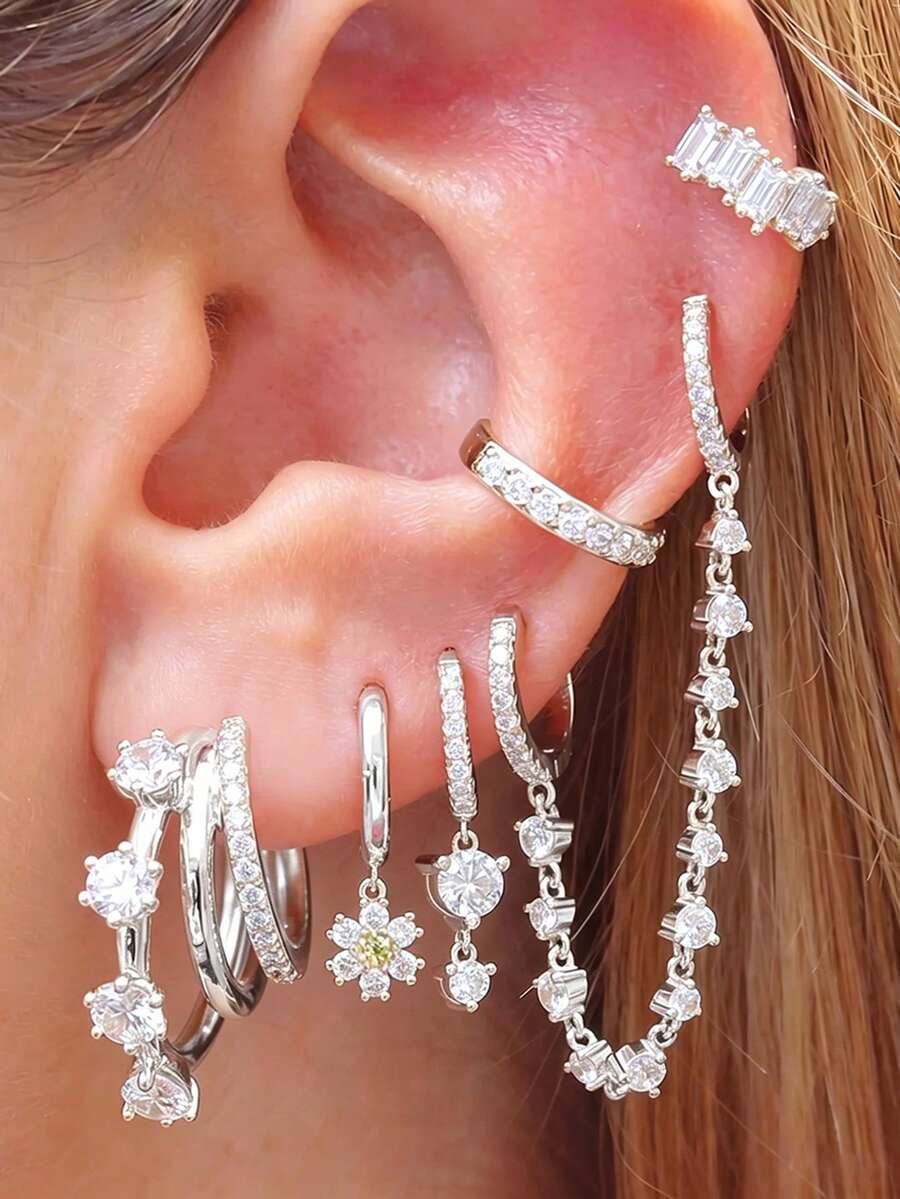 6件組女款鍍金耳環套組,精緻立方鋯石花朵耳釘、鏈條垂墜耳環與耳圈疊戴套組時尚飾品 - 銀色 - 查看 1