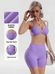 Women's Summer 2 Pieces Pink Top And High-Waist Shorts Set, Suitable For Sports, Yoga, Pilates, Gym, Running - Purple - View 4