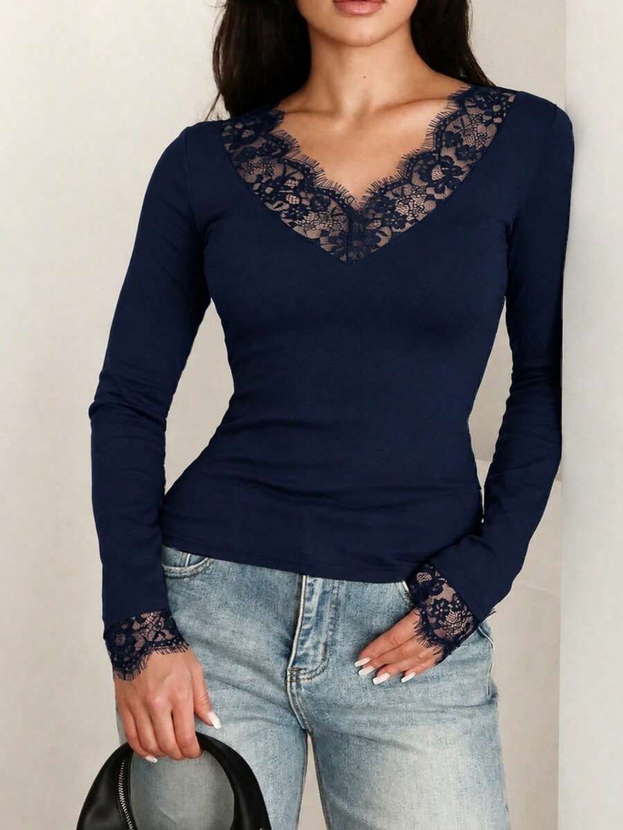 Women's Autumn Gothic Style Casual Colorblock Lace Long Sleeve Blouse - Navy Blue - View 1
