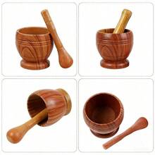 2-Pack Heavy-Duty Manual Mortar And Pestle, Kitchen Seasoning Tool For Mashing Garlic, Grinding Peppercorns And Pounding Ginger Juice, Garlic Crusher & Spice Grinding Bowl, Household Kitchenware Ideal For Christmas Gifts - Wood Grain Color - View 4
