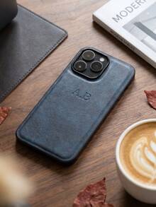 Navy Blue Luxury PU Leather Personalized Name Phone Case Compatible With 14 15 16 17 Pro Max Plus 3D DIY Engraved Initials Business Classic Shockproof - Navy Blue - View 4