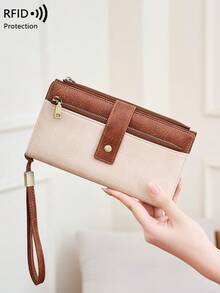 CHARM INFINITE New RFID Anti-Theft Vintage Women's Wallet, Colorblock Buckle Double Zipper Multifunctional Clutch, Multi-Card Slot Trifold Long Wallet With Wrist Strap - White - View 6