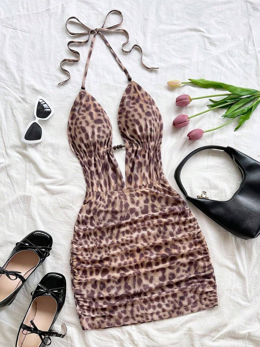 Vestido mini con escote en V profundo, espalda anudada y estampado abstracto de teñido anudado retro para mujer. Silueta ajustada, adecuado para fiesta, cita, té de la tarde, sexy y d - Marrón - Ver 1