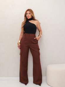YING ZI Wide Leg Buckle Pocket Tailored Color Pants - Rust Brown - View 1