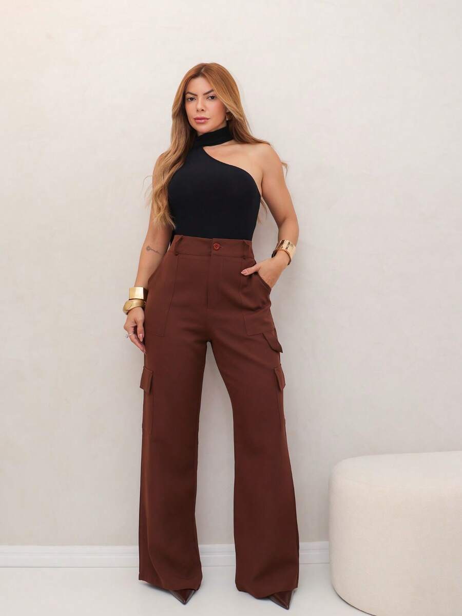 YING ZI Wide Leg Buckle Pocket Tailored Color Pants - Rust Brown - View 1