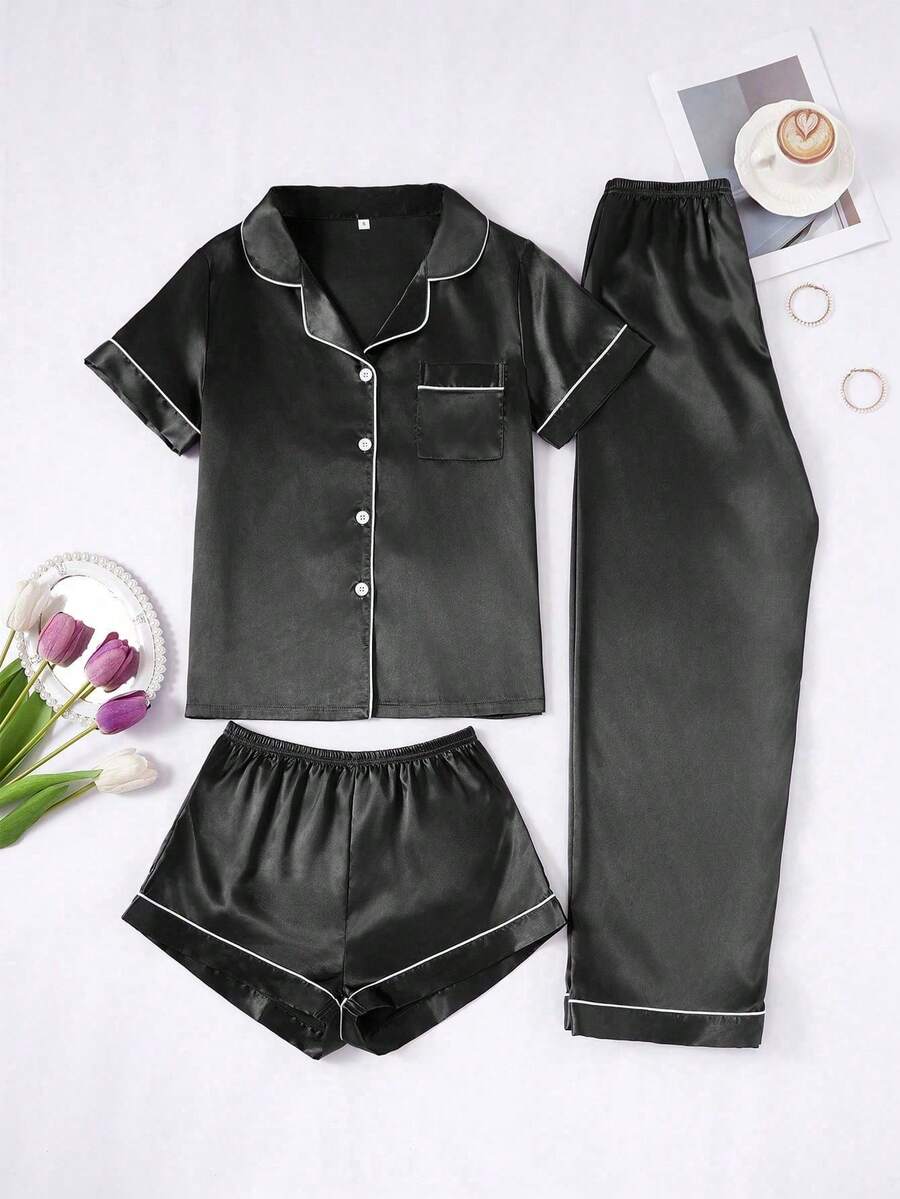 Women's 3-Piece Solid-Color Pajama Set With Contrasting Trim In Faux Silk - 黑色 - 查看 1