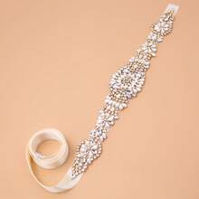 1pc Handmade Rhinestone Bridal Belt Women's Rhinestone Wedding Dress Accessory - Gold Applique + Ivory Ribbons - View 2