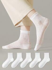 ZUJO 5 Pairs Women's Solid White Bow Heart Pattern Hollow Out Ruffle Trim Short Socks, Soft And Breathable, Suitable For Spring, Autumn, Summer Daily Wear - View 2