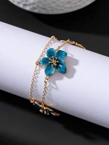 1pc Fashion Classic Versatile Elegant Summer Vacation Style Handmade Oil Drip Dreamy Blue Plumeria Double Layer Anklet For Women - Blue - View 3