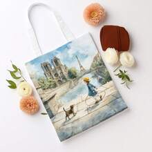 1 buah Tas Tote Romantis Paris Impresionis, Menampilkan Gambar Gadis Berjalan dengan Anjing di Bawah Menara Eiffel, Tas Belanja yang Dapat Digunakan Kembali, Cetak Dua Sisi Multifungsi, Desain Kasual, Sempurna untuk Pecinta Buku - MultiWarna - View 4