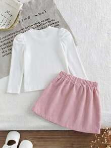 Baby Girl Autumn/Winter 2 Pieces Set, Knitted Heart Print Base Layer + Button Bow Ruffle Hem Skirt, Pink Tone Outfit, Cute And Sweet Indoor Wear For Baby Girls - White - View 4