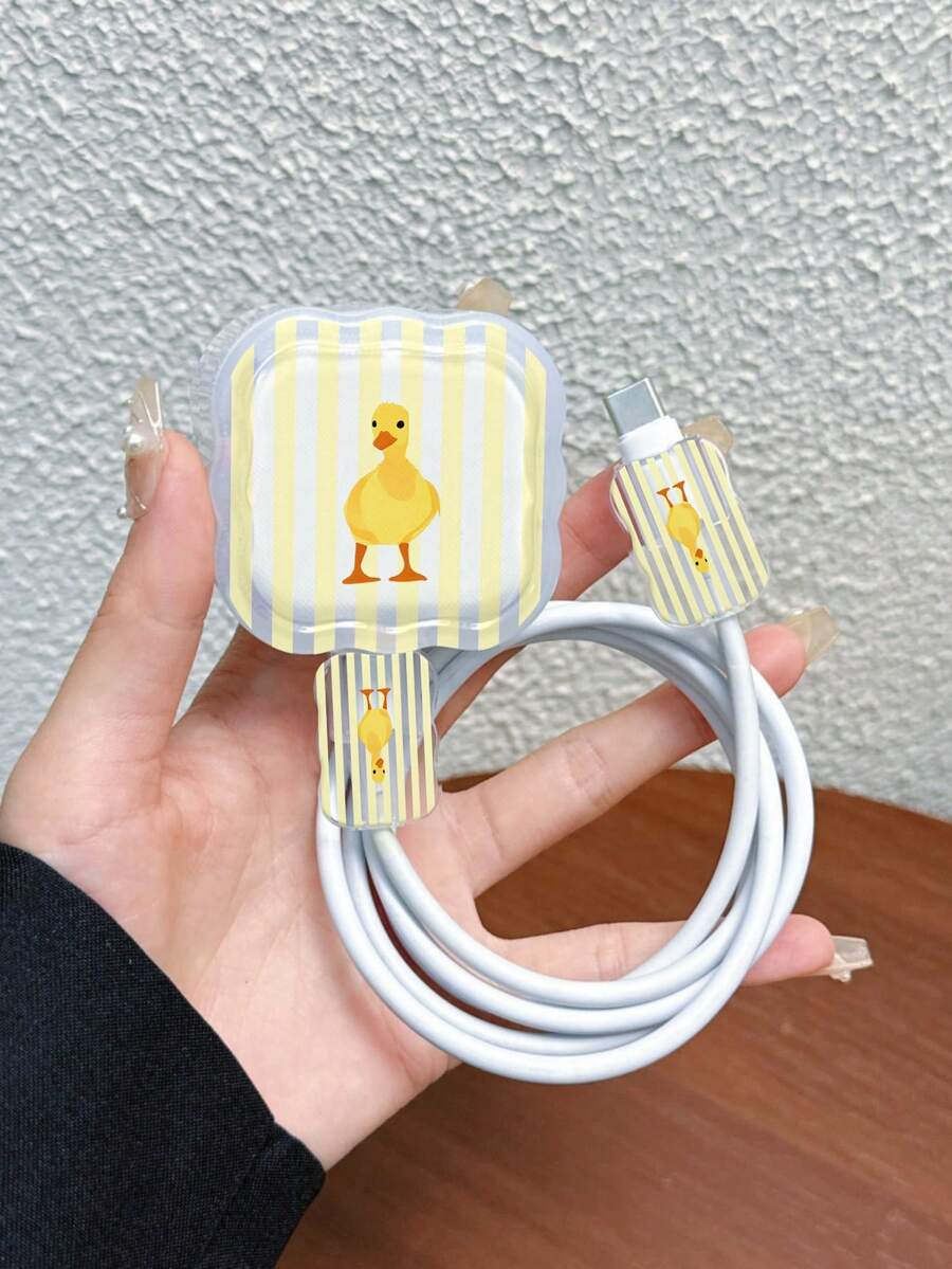 3-Piece Set With Wavy Pattern Charger Cable Protective Cover, UV Painted Yellow Duck Stripe Pattern, Compatible With UK Standard Apple Fast Charger 20W, Prevents Cable Damage. - Multicolor - View 1