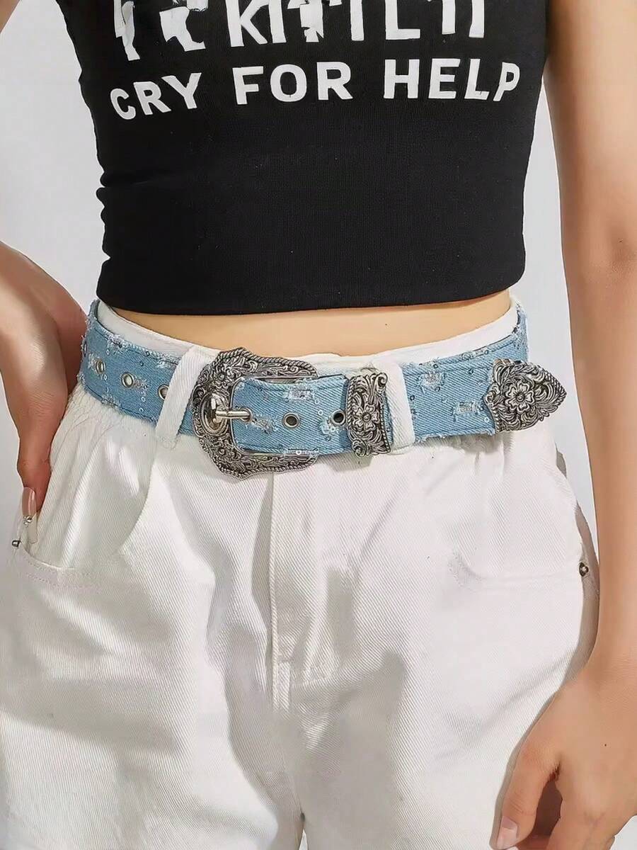 American Style Y2K Blue Denim Belt, Unisex Vintage Carved Design, Niche Aesthetic Versatile Waist Belt - Multicolor - View 1