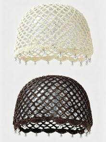 1pc Women's Fashion Lightweight Hollow Pearl Pendant Beaded Knit Hat, Suitable For Boho Beach Outings And Daily Wear - A - View 28