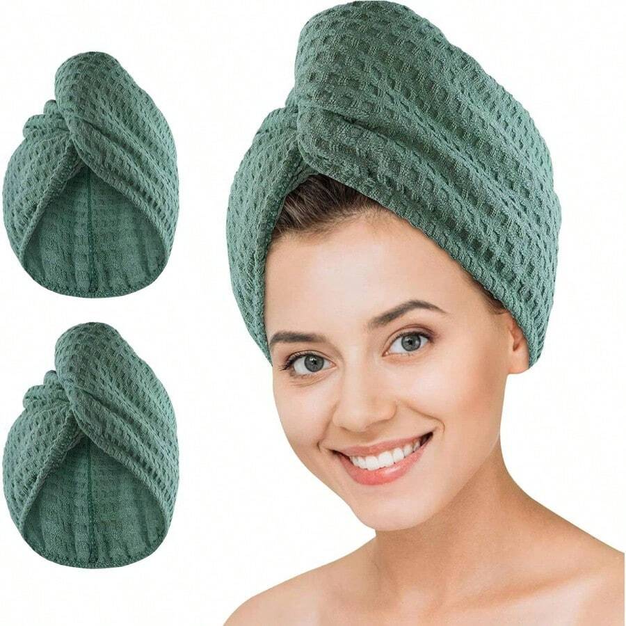 Toalla de microfibra para secar el cabello, 2 paquetes de turbante de pelo largo de gofre, tela de rizo, de secado rpido, antiencrespamiento, torceduras, turbante de ducha rizado para mujer, cabello hmedo verde - verde - Ver 1