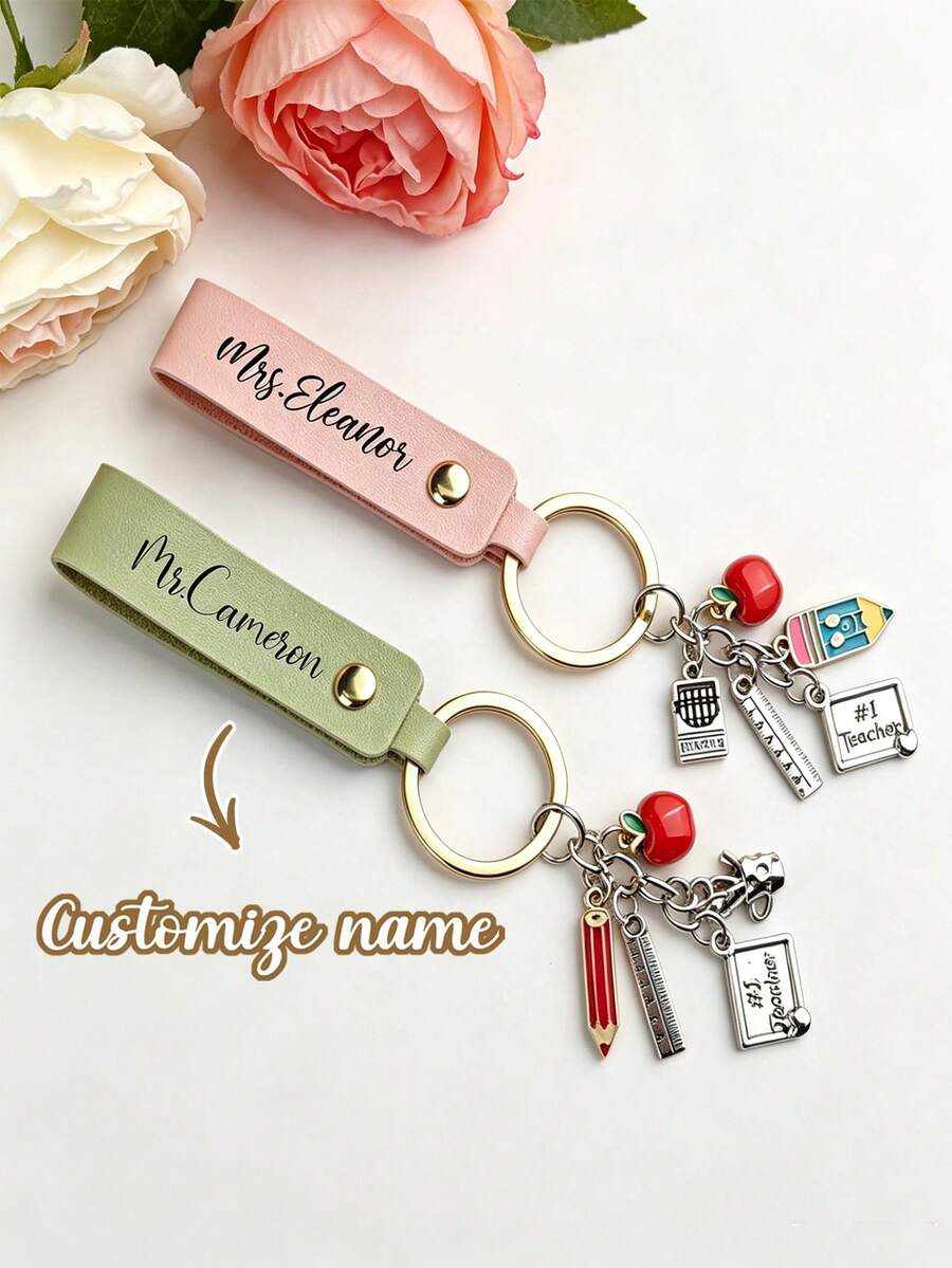 Personalized Teacher Keychain, Teacher Appreciation Gift, Customized Name Leather Keychain, Back To School Gift, End Of Year Teacher Gift - Multicolor - View 1