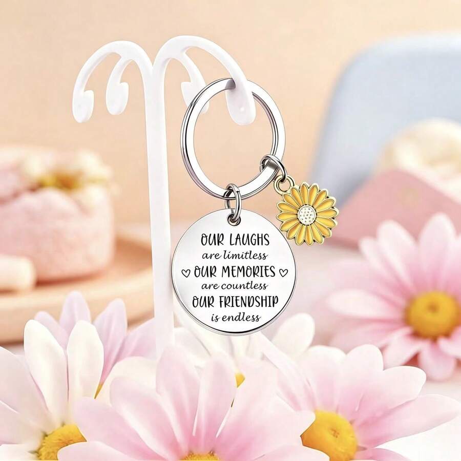 Friendship Keychain, Sunflower Pendant Engraved Stainless Steel Key Ring, Birthday/Christmas Best Friend Gift - Sunflower Keychain - View 1