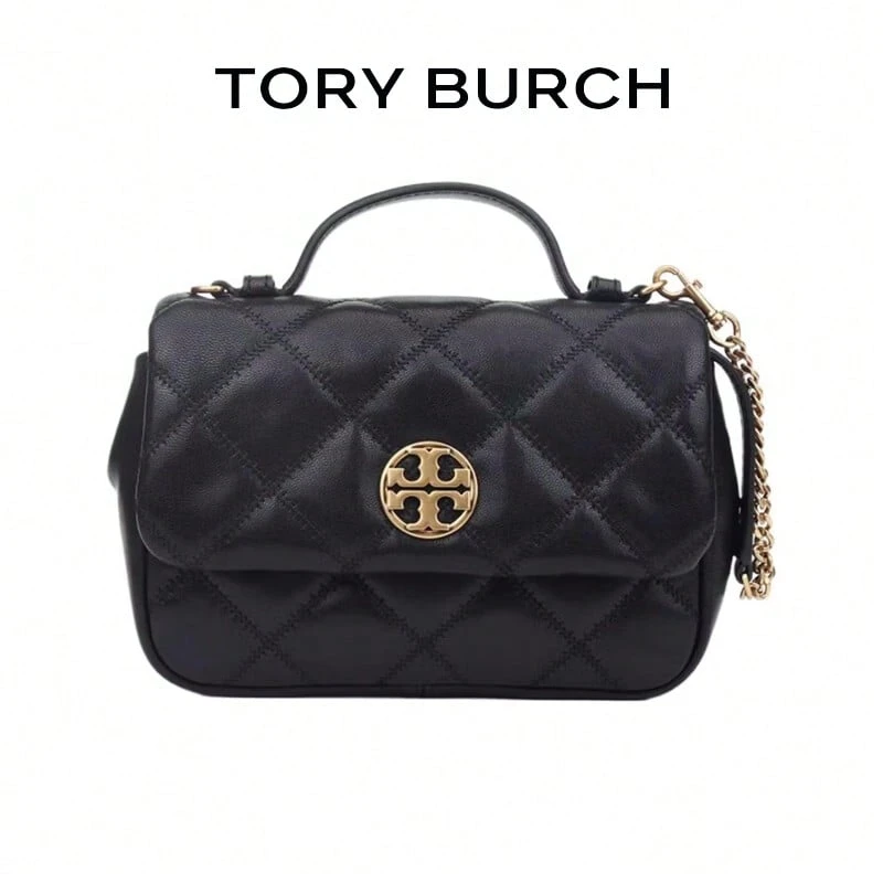 TORY BURCH Willa Solid Color Quilted Flap Chain Goat Leather Shoulder Crossbody Handbag For Women 153399-001 - Black - View 1