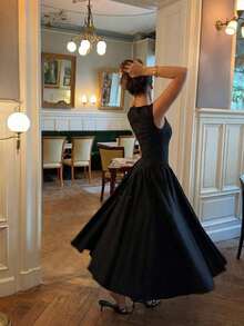 Elegant Casual Daily Commute Date Romantic Square Neck Dress - Black - View 3