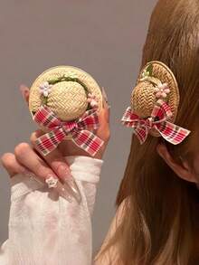 2pcs Mini Straw Hat Hair Clips, Plaid Bow & Small Flower Decor Hair Clips, Pastoral Style Daily Hair Accessories For Girls - Multicolor - View 5