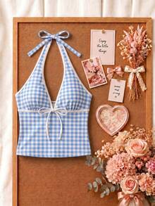 New Summer Fresh Sweet Cute Style Blue And White Plaid Halter Neck Bikini Set For Beach Vacation And Casual Wear - Multicolor - View 3
