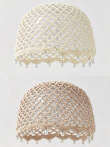 1pc Women's Fashion Lightweight Hollow Pearl Pendant Beaded Knit Hat, Suitable For Boho Beach Outings And Daily Wear - A - View 33