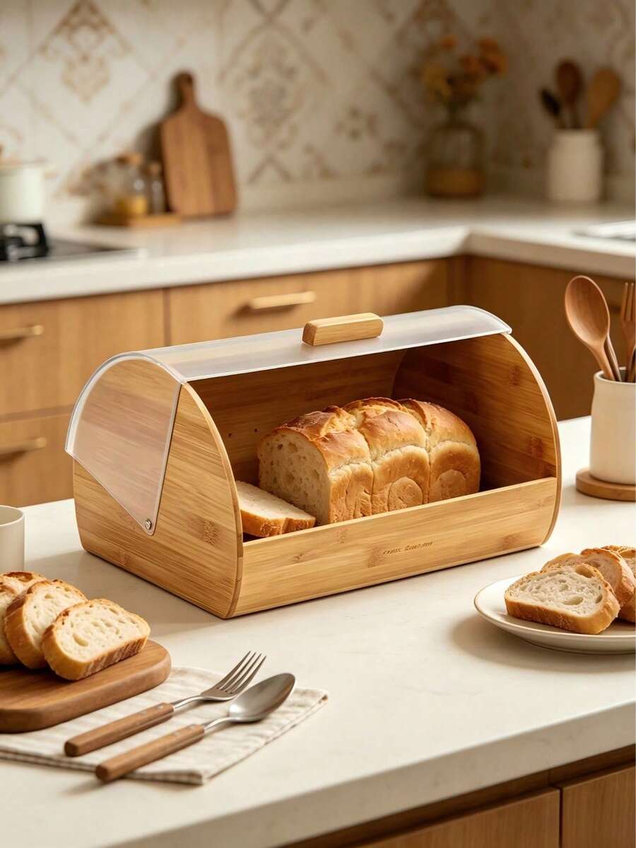 1pc Wooden Bread Storage Box With Transparent Flip Cover, Dust-Proof And Moisture-Locking. Large Capacity Design, Can Store All Kinds Of Bread, Smooth Opening And Closing, Keep Food Clean And Hygienic - Multicolor - View 1