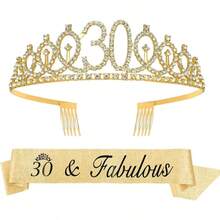 2 Buah/Set Mahkota & Selempang Berlian Imitasi Emas Mawar, Bando Sisir Ulang Tahun, Hadiah Dekorasi Pesta untuk Wanita Usia 18/21/30/40/50/60/70/80 Tahun, Aksesoris Pesta - Emas - View 12