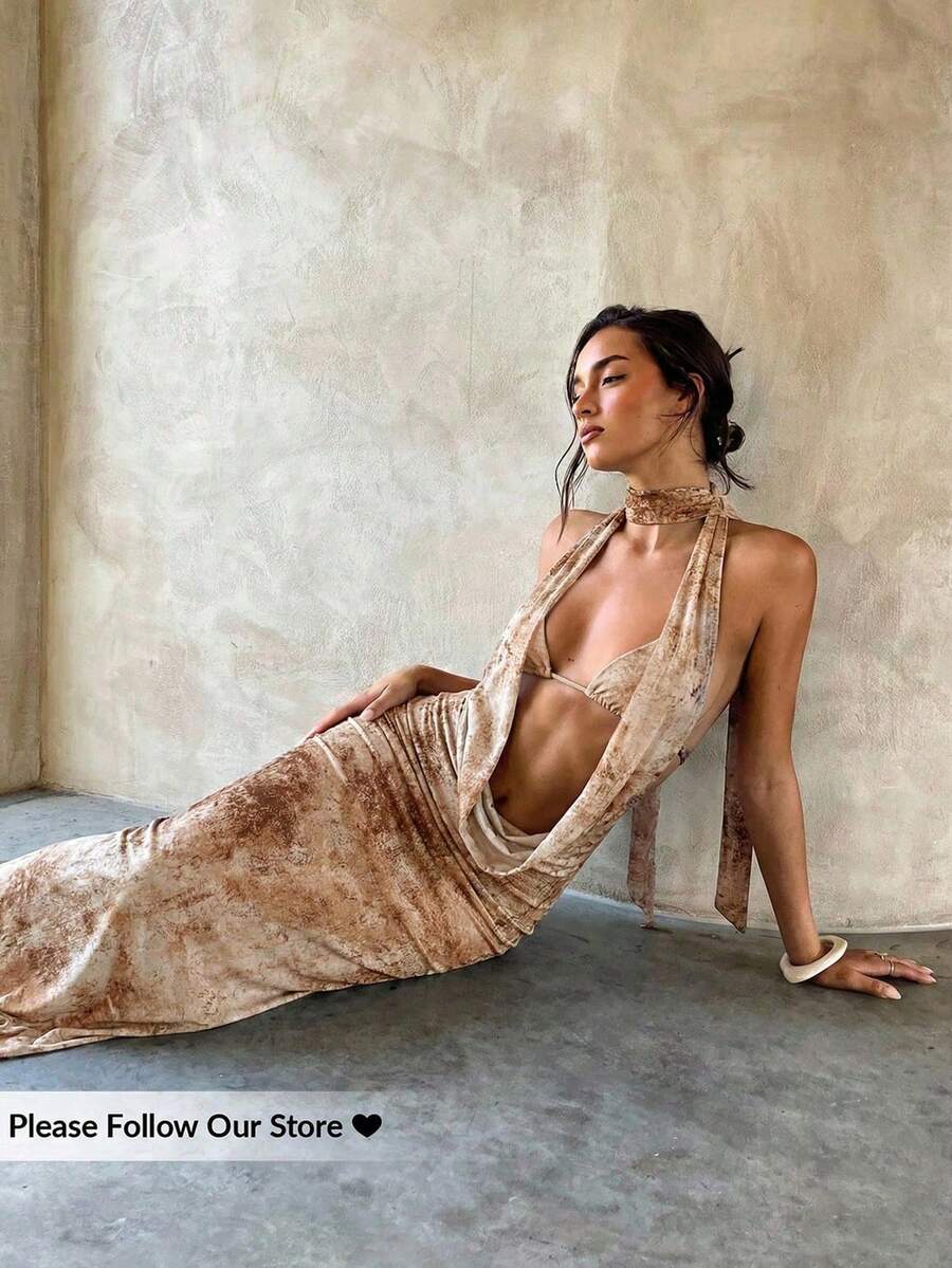 Vestido de gasa bohemio con estampado de tie-dye y bajo de cola de sirena para mujer, elegante vestido maxi con espalda descubierta y cuello profundamente drapeado, perfecto para vaca - Caqui - Ver 1
