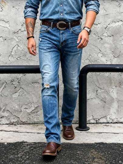 Celana Jeans Denim Pria Serbaguna Kasual Gaya Jalanan dengan Potongan Slim Fit yang Menawan dan Dicuci