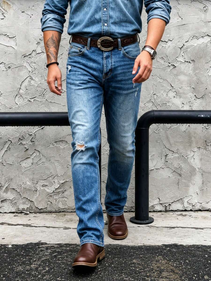 Jeans de mezclilla lavados con efecto desgastado, corte slim favorecedor, versátiles y casuales para hombre - Azul - Ver 1