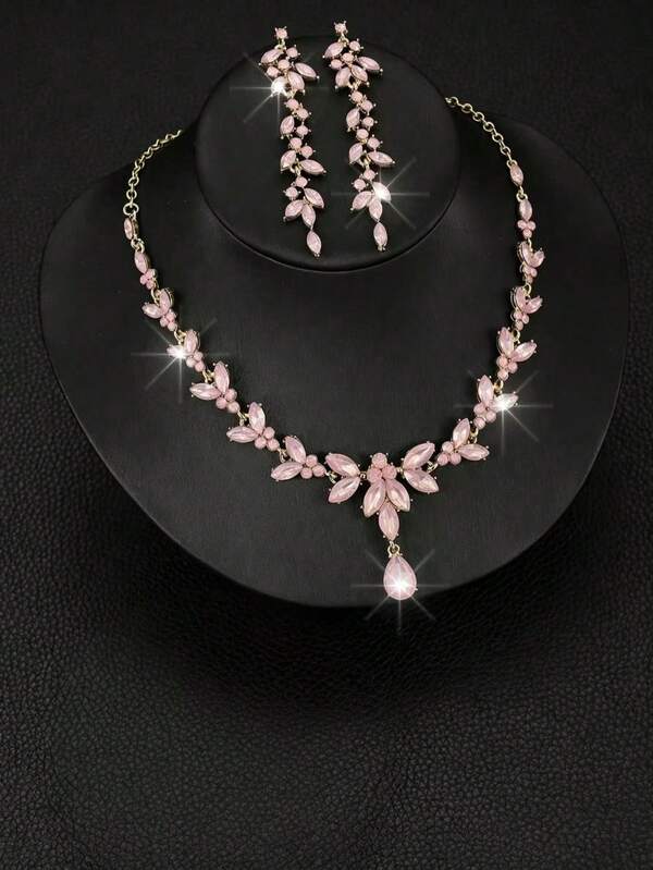 Ensemble de 3 pièces comprenant un collier, des boucles d'oreilles pendantes et un bracelet, bijoux en pierre décorative en forme de marquise scintillante et élégante, convient pour le mariage, le banquet, la soirée, accessoires pour femmes
