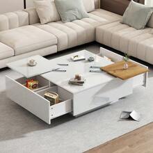 Modern Square Coffee Table In Glossy White Wood With A Shelf Measuring 75 X 75 X 33.5 Cm, Small Sliding Tray, Maximum Load Capacity 30 Kg. - 白色 - 查看 12