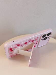 1pc Pink Side 3D Heart + Cherry Floral Bow Pattern Folding Card Holder Phone Case, Compatible With IPhone 17/16/15/14/13/12/11 - Multicolor - View 4